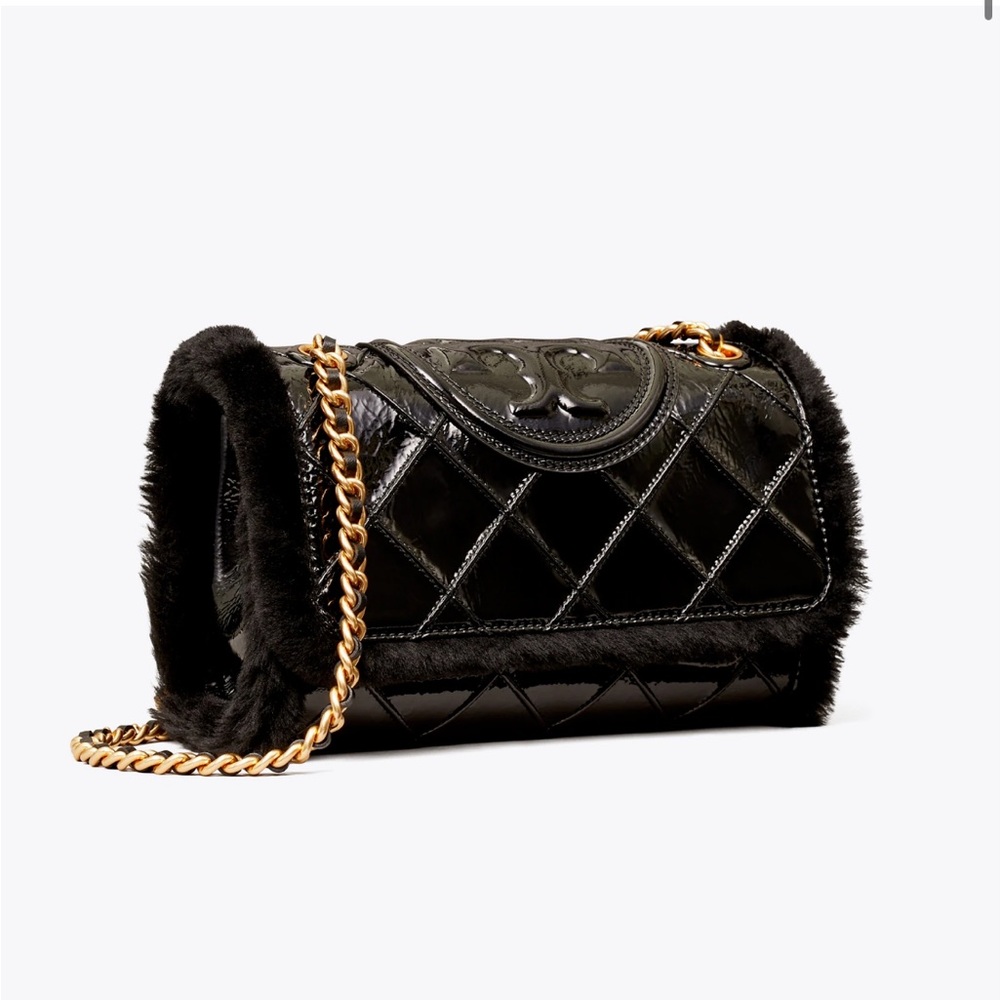 Tory Burch Black Quilted Patent & Fur Shoulder Bag with Gold Chain